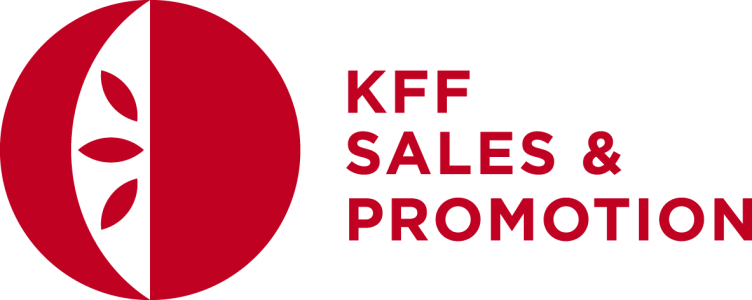 Ein roter Kreis mit einer Apfelspalte und der Text "KFF Sales & Promotion"