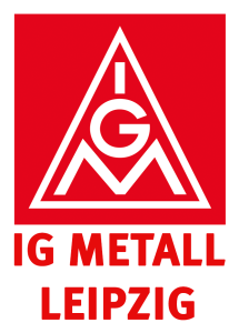 In einem weißen Dreieck auf rotem Hintergrund stehen übereinander die Buchstaben I, G, M. Darunter steht IG Metall Leipzig