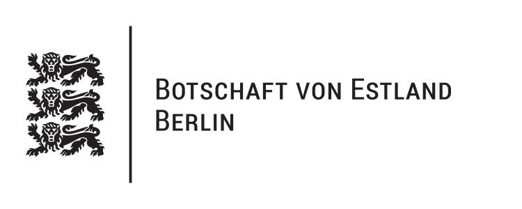 Drei schwarze Löwen untereinander, darunter der Text: Botschaft von Estland Berlin