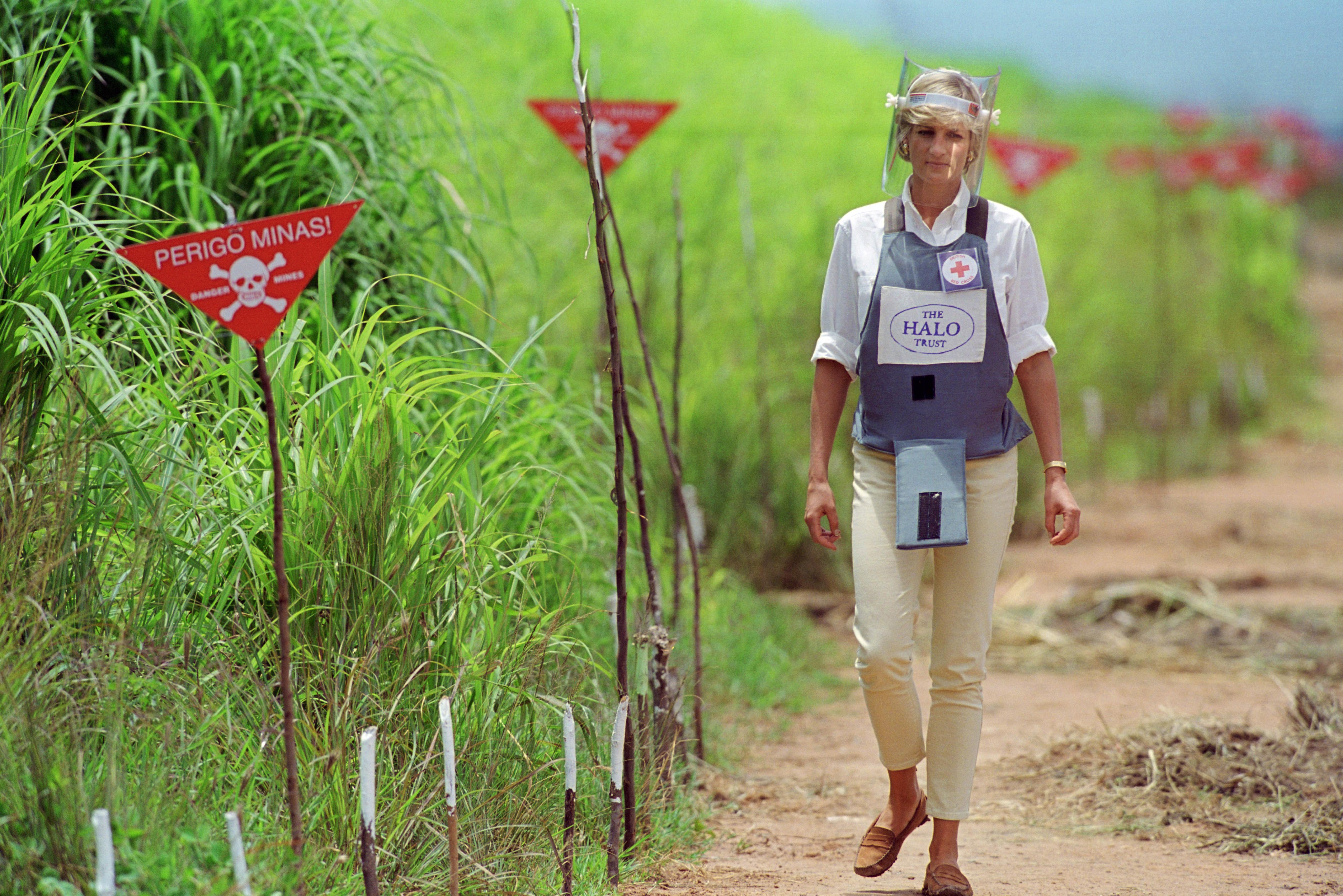 Diana, Princess of Wales wearing protective body armour walks down a path through a field lined with red signs reading "Caution, Mines."