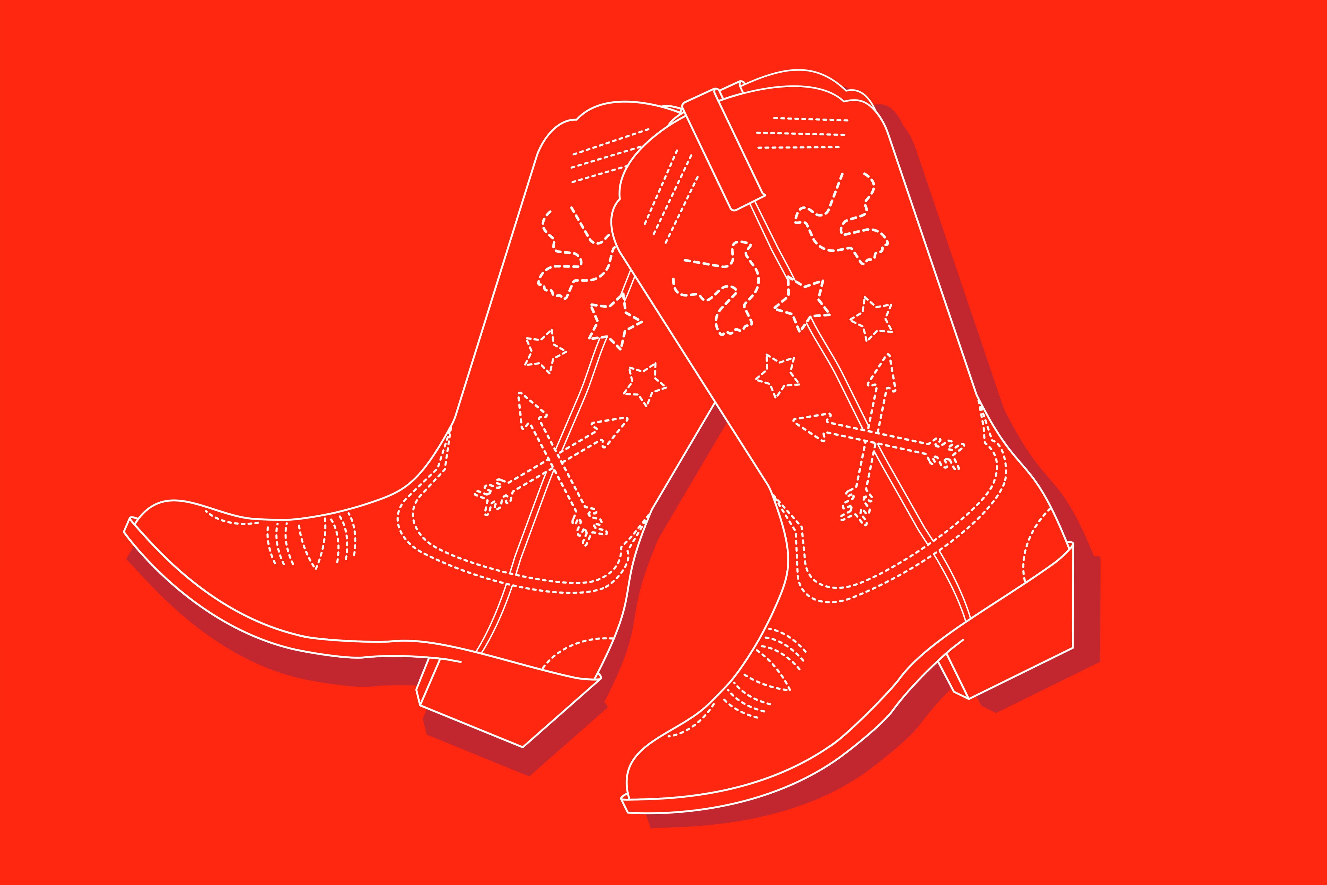 Eine Illustration eines Paar Cowboystiefeln mit Verzierungen wie Tauben, Sternen und Pfeilen auf rotem Grund.