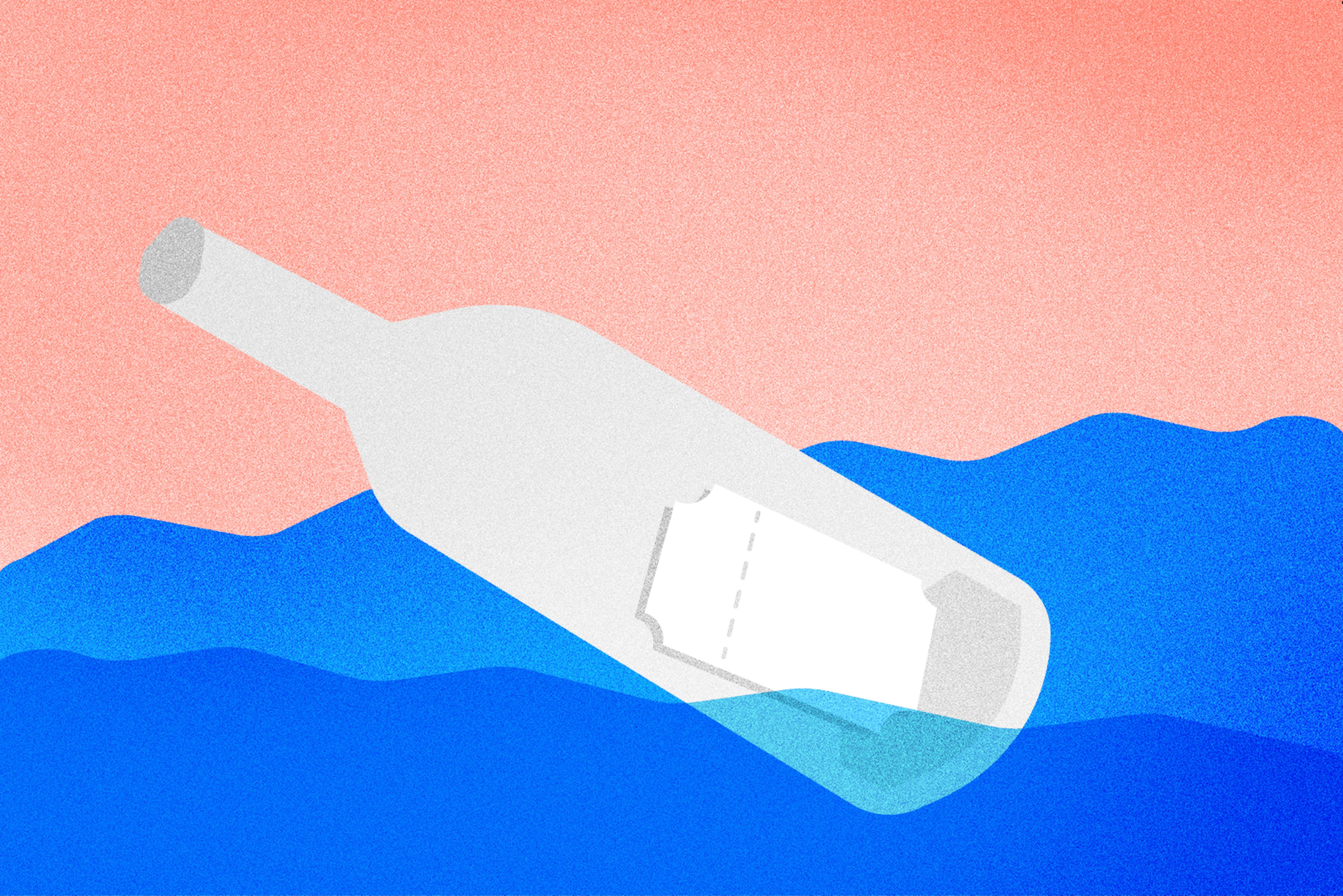 Illustration einer Glasflasche in Wasser, in der ein kleines Ticket liegt