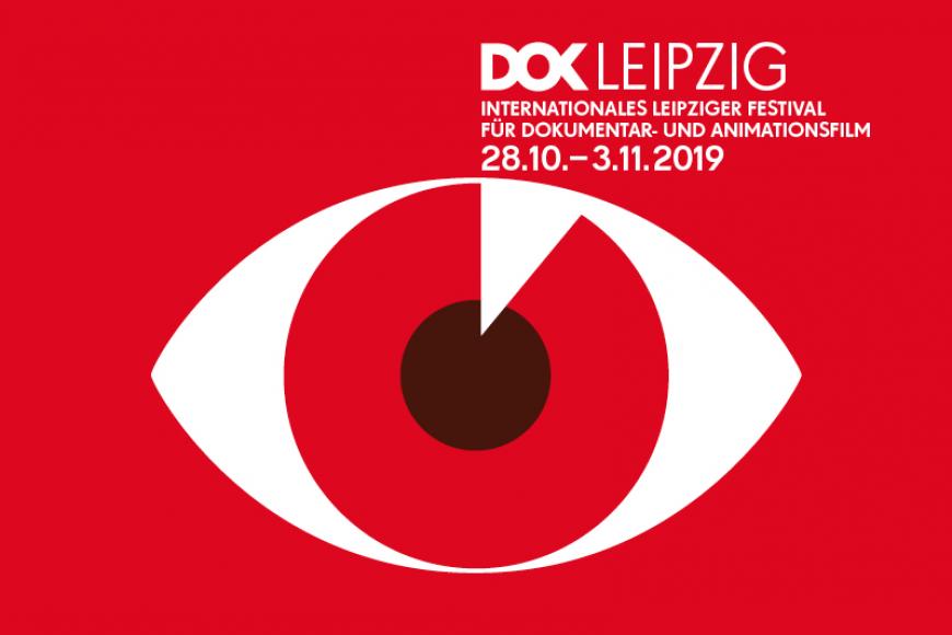 Graphik in red with a big eye and Typo saying: DOK Leipzig, International Festival for Documentary and animated film. 28/10 – 3/11.