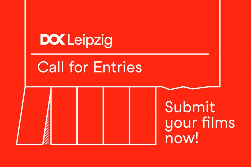Illustration of a tear-off stub, Illustration eines Abrisszettel (white on red background) with the DOK Leipzig Logo and text: Call for Entries. Submit your films now!