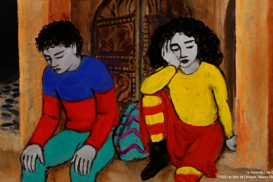 Animiertes Bild: Zwei Kinder, Junge und Mädchen, sitzen nebeneinander und blicken niedergeschlagen auf den Boden.