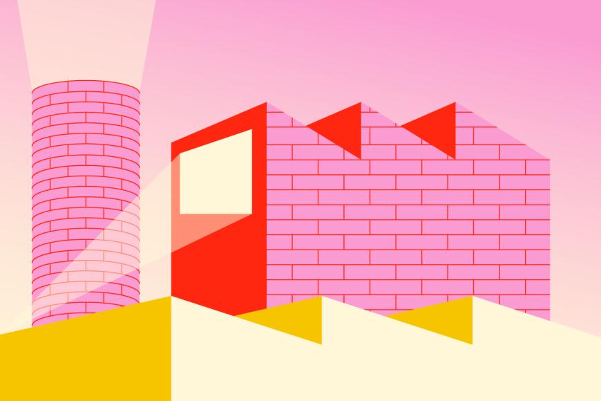 Illustration eines Fabrikgebäudes aus pinkfarbenen Ziegelsteinen, mit einem runden Fabrikschornstein. Eine Hauswand ist flächig und rot. Darauf projiziert ein Lichtkegel ein helles Bild.