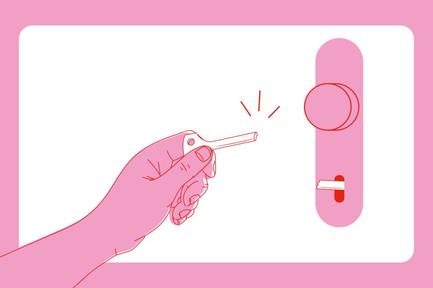 Eine Illustration in pink und weiß: Eine Hand hält einen abgebrochenen Schlüssel, im Schlüsselloch daneben steckt die andere Hälfte des Schlüssels.