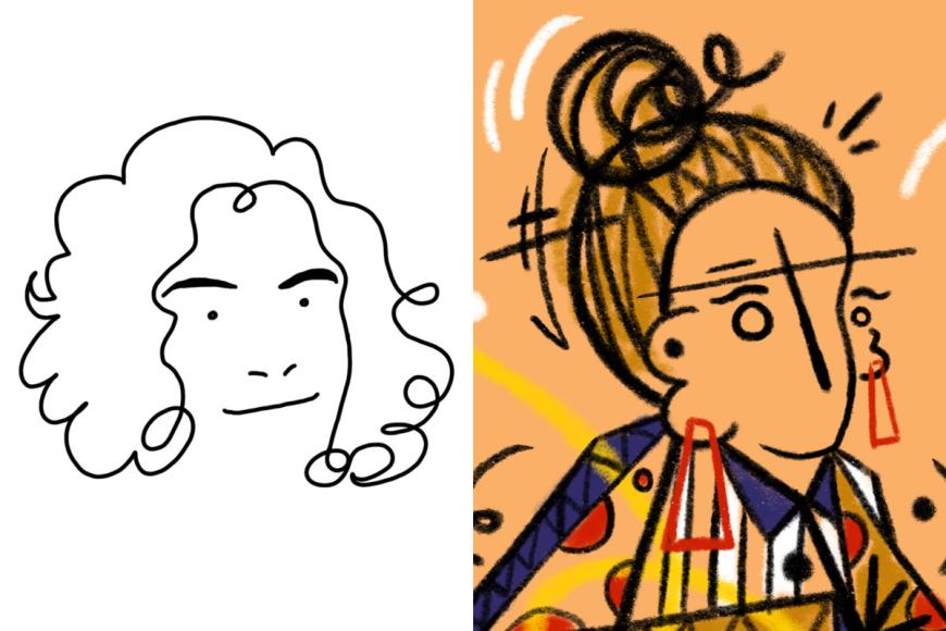 Collage aus zwei Zeichnungen. Beide zeigen weibliche Gesichter.