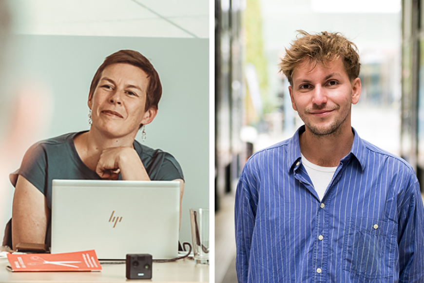 Collage aus zwei Porträtfotos: Links Lic-Carolin Ziemann sitzt hinter einem Laptop und schaut lächelnd zur Seite. Rechts Lars Rummel steht in einer Durchgangspassage.