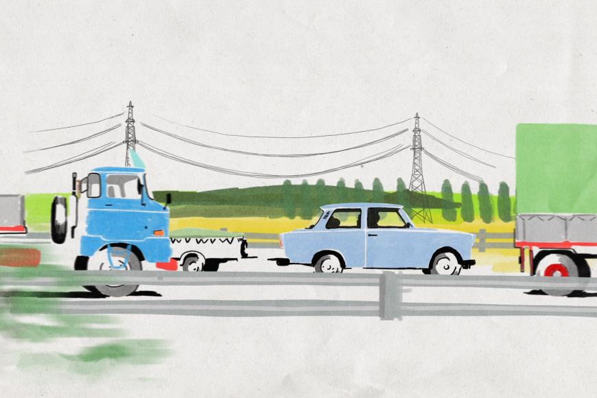Illustration: Ein blauer Trabant mit Anhänger zwischen LKWs auf einer Autobahn.