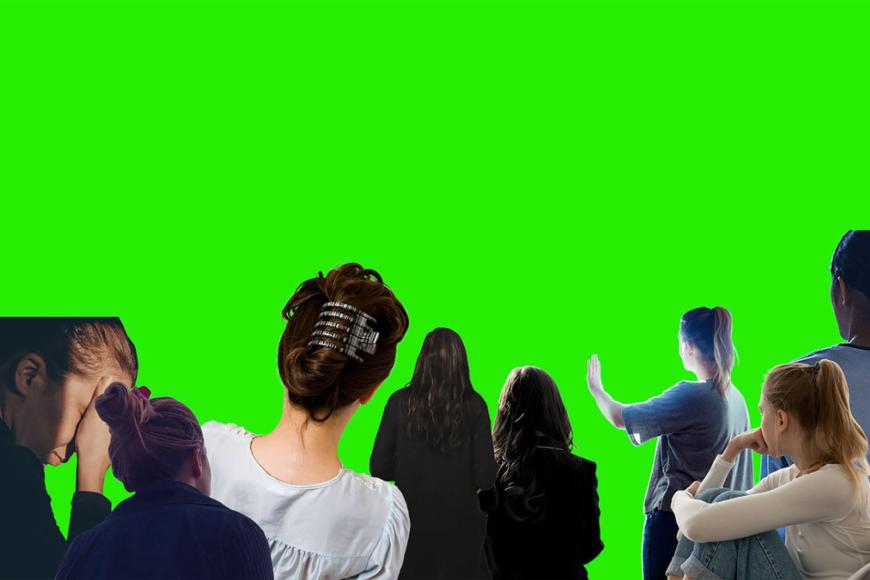 Vor einem grünen Hintergrund die Collage von mehreren Frauen, die von der Kamera weggedreht sind