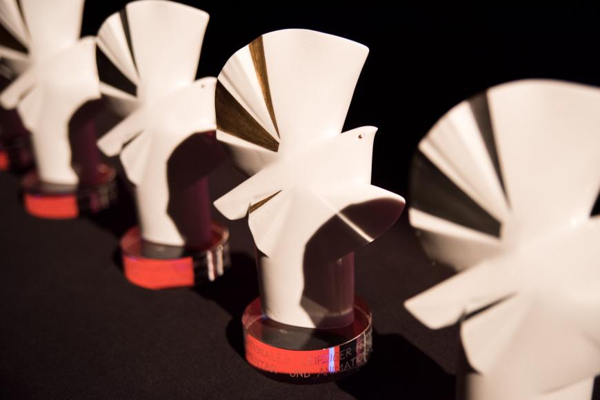 A closeup of the awards