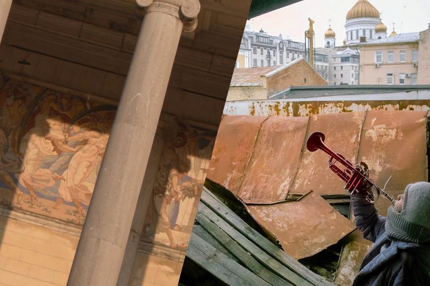 Collage: Links ein antikes Mosaik hinter Säulen, rechts ein Kind mit Trompete vor verfallener Kulisse und goldenen Kirchtürmen.