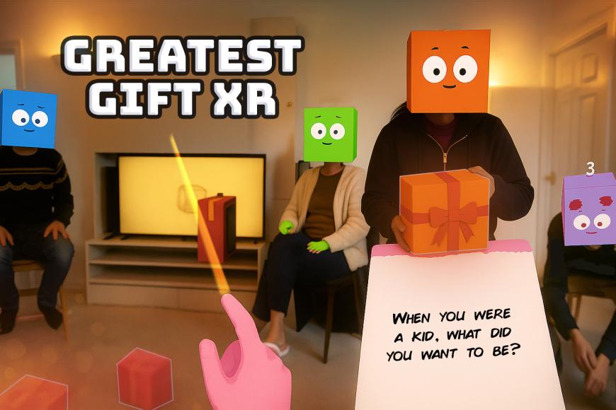 A still as if from a video game, with the viewers hands in the foreground. it shows living room with people in it - but there are colorful squares painted over their heads with comic faces. One is handing a digitally painted present to the viewer