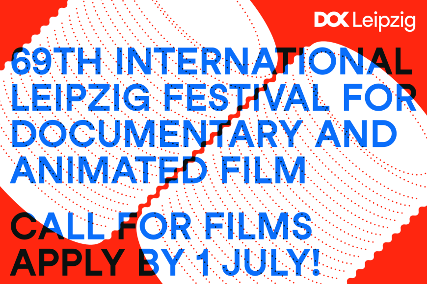 Illustration mit zwei weißen Dosen auf rotem Grund, darüber der englische Text: Call for Films Apply by 1 July, 69th International Leipzig Festival for Documentary And Animated Film