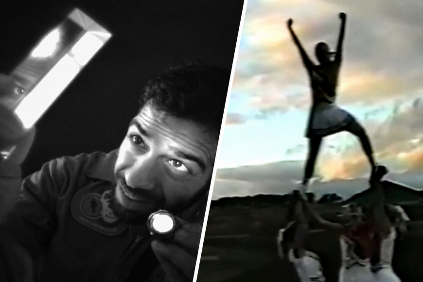 Collage aus zwei Bildern: links das Schwarzweißbild eines Mannes mit Taschenlampe, der einen Glasquader in seiner Hand anleuchtet. Rechts die Silhouette von vier Cheerleadern unter freiem Himmel, die eine Figur formen.