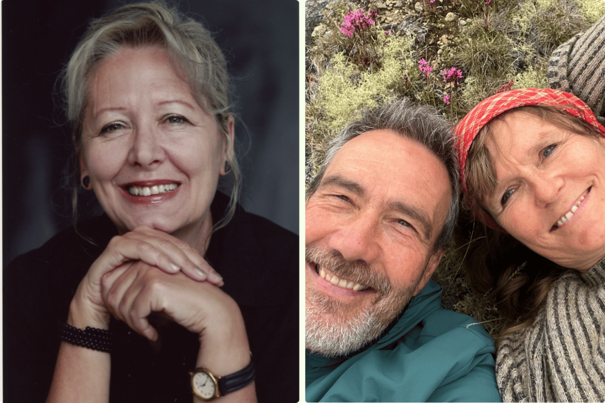 Zwei Fotos, einmal ein Portrait der freundlich lächelnden Helena Třeštíková und einmal ein Foto von Anita Killi and Claus Gladyszak, die auf moosigem Untergrund liegen und breit grinsen